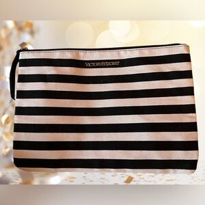 Victoria’s Secret Light Blush Pink & Black Striped Zip Top Cosmetic Pouch  NWOT